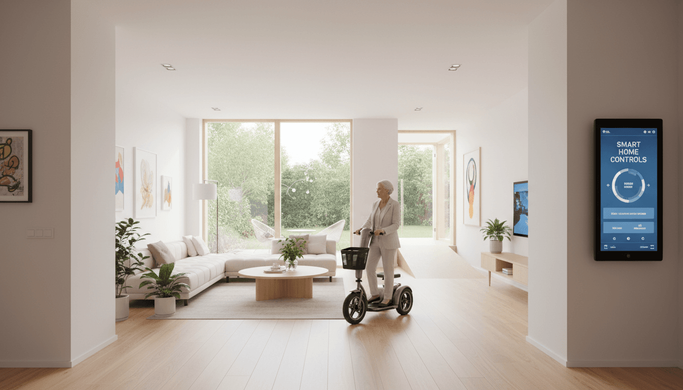 Older adult confidently using accessibility equipment in a bright, welcoming home space