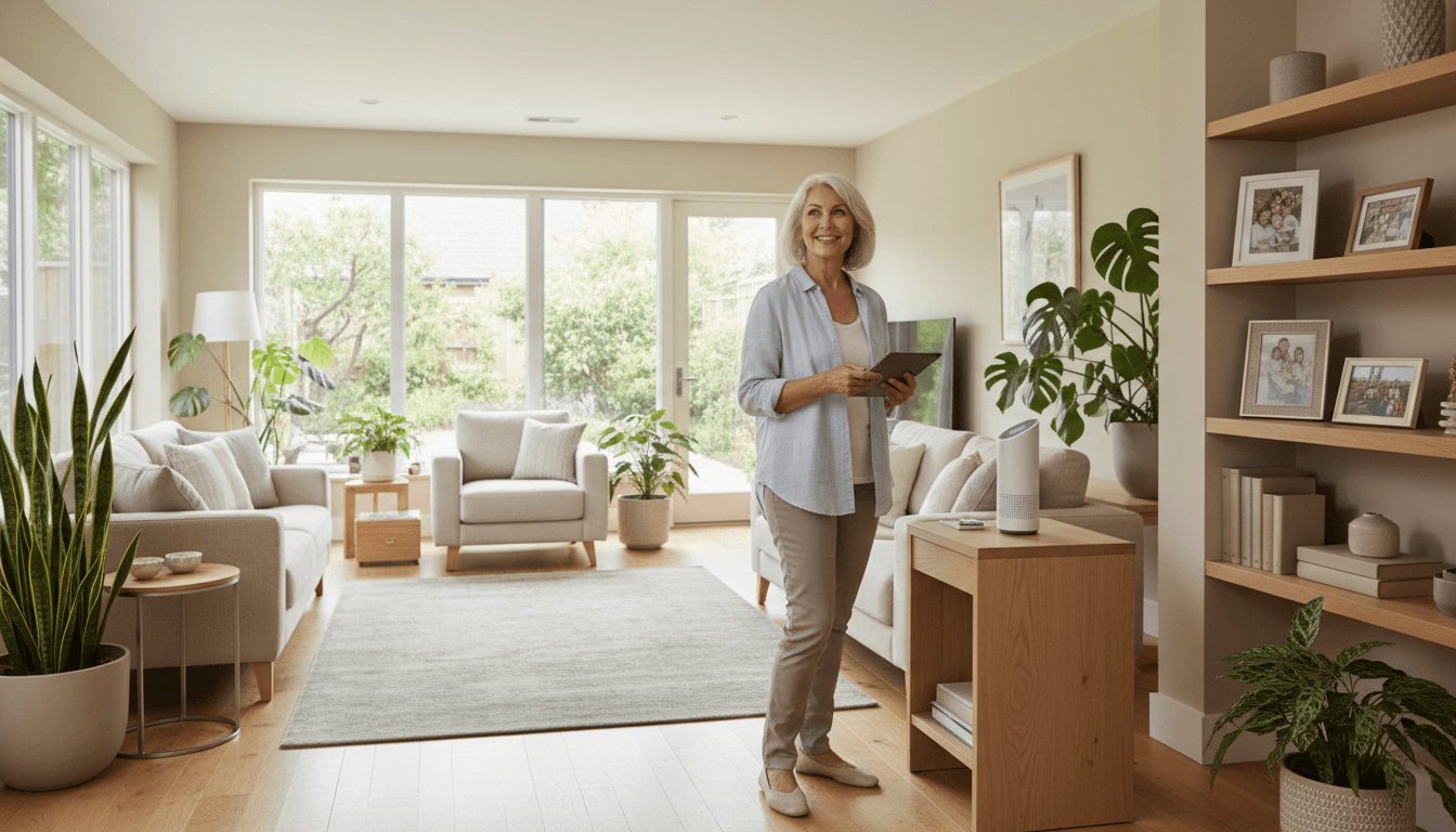 Elderly woman in accessible home environment with support features