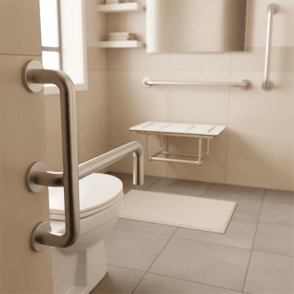 Accessible bathroom with grab bars and safety features