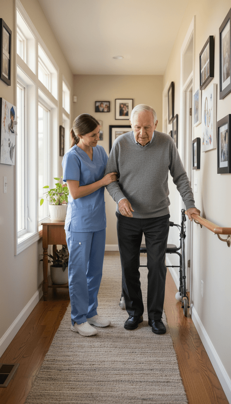 Caregiver providing mobility assistance to client