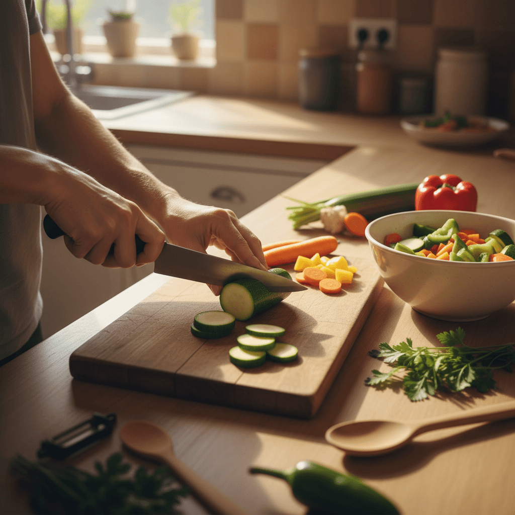 Client using adaptive equipment for daily activities